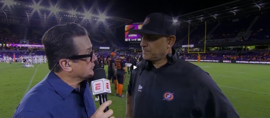 Before his undefeated Orlando Storm's game Saturday night on ESPN, the head coach reflects on how his media background helps him give succinct but insightful answers to in-game questions